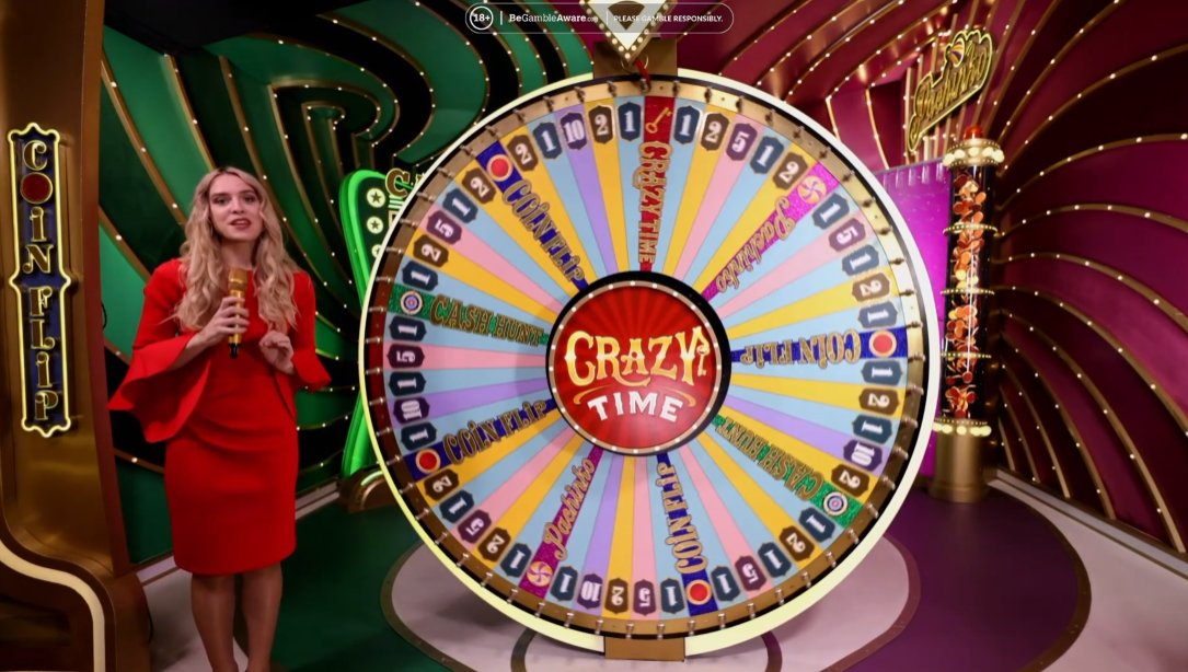 Ruota fisica di Crazy Time con 54 segmenti: numeri 1, 2, 5, 10 e bonus Coin Flip, Cash Hunt, Pachinko, Crazy Time